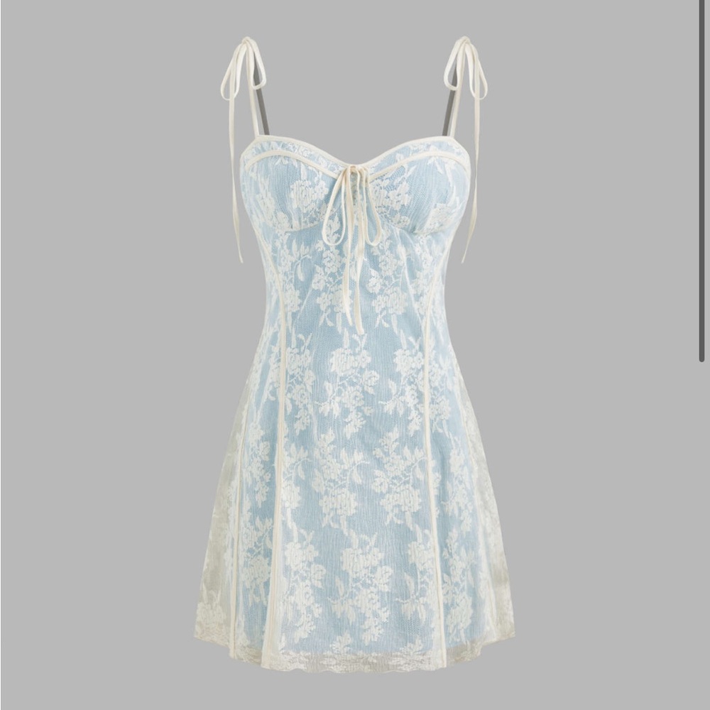 LACE SQUARE NECK FLORAL EMBROIDERY KNOTTED MINI DRESS, ivory and light blue